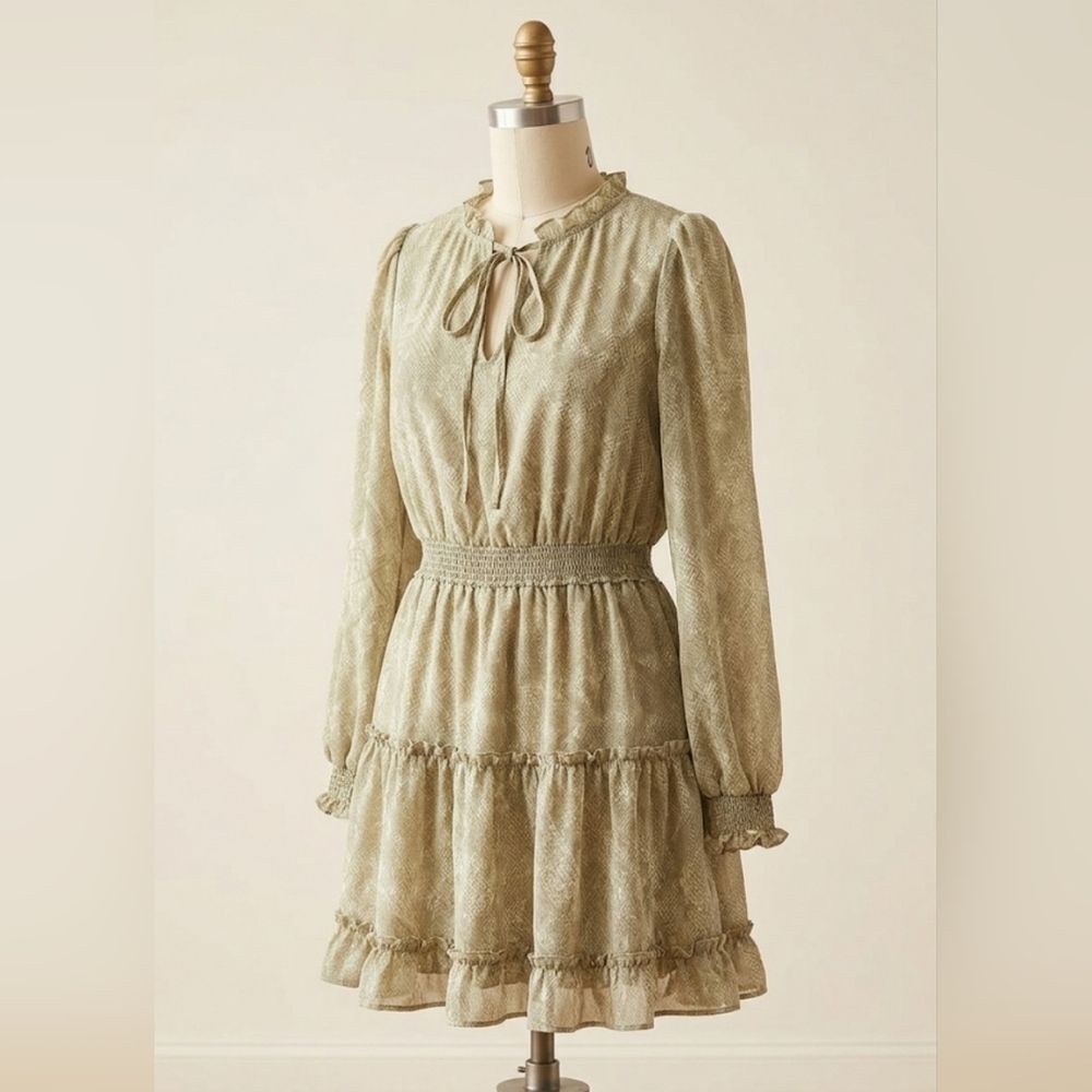 Cake N Caviar Rain Sage Green Snake Print Ruffle Mini Dress Smocked Waist Size L